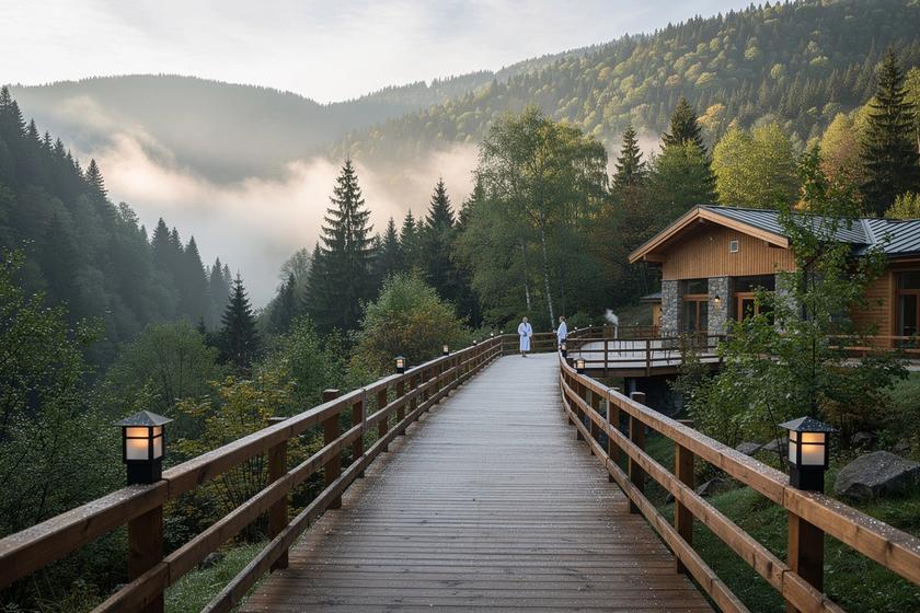 Carpathian landscape at soft morning light over a spa path
