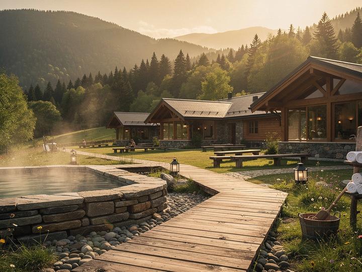 A tranquil Carpathian spa retreat setting at golden hour